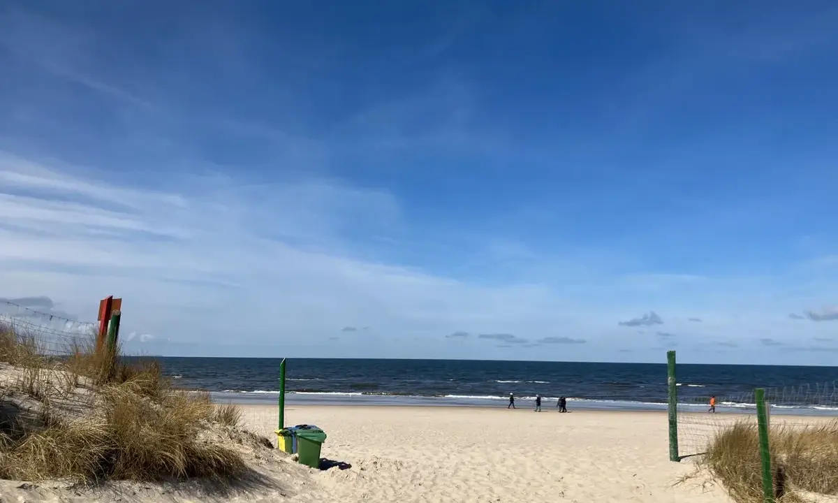 Ein sonniger Tag am Strand von Misdroy, Polen. Menschen spazieren am Meer entlang, während sich im Vordergrund Dünen und Strandgras erstrecken.