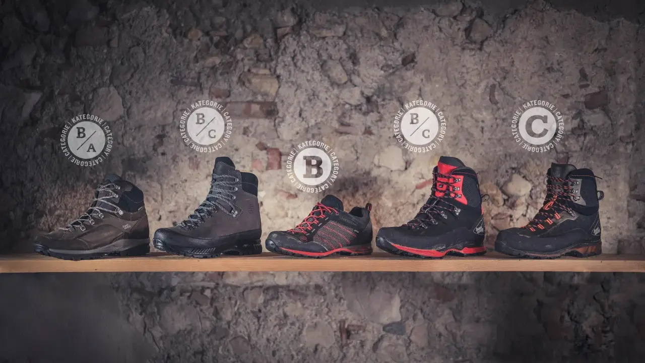 Fünf Wanderschuhe verschiedener Kategorien, darunter Kategorie B, stehen auf einem Regal vor einer Steinwand.