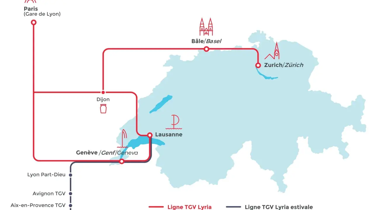 Karte zeigt TGV Verbindungen von Paris über Dijon, Genf und Lausanne nach Zürich und Basel. Eine weitere Linie führt von Paris nach Marseille.