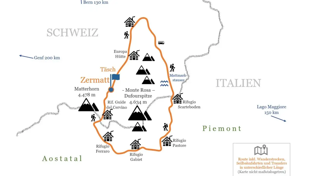 Karte der Spaghetti-Tour: Wanderroute um Zermatt, Matterhorn & Monte Rosa mit Hütten, Stauseen & italienischen Rifugios.