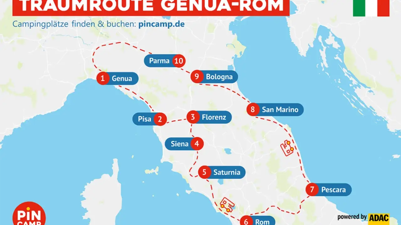 Traumroute Genua-Rom: Eine Reise durch Italien mit dem Camper. Entdecke Städte wie Florenz, Siena und Rom. Perfekt für dein nächstes **backpacking italien** Abenteuer.