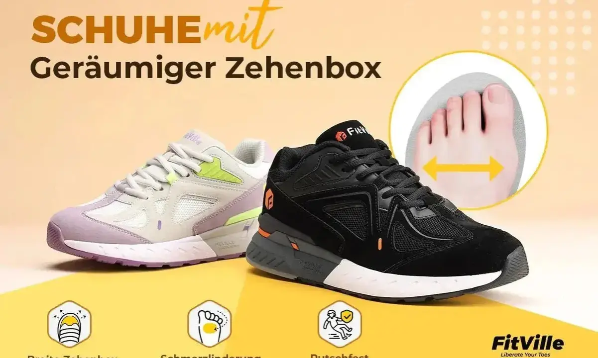 Zwei Sneaker, ein lilafarbener und ein schwarzer, mit dem Slogan "Geräumiger Zehenbox". Ein Kreis zeigt eine Fußzehenansicht mit Pfeilen, die die breite Zehenbox hervorheben.