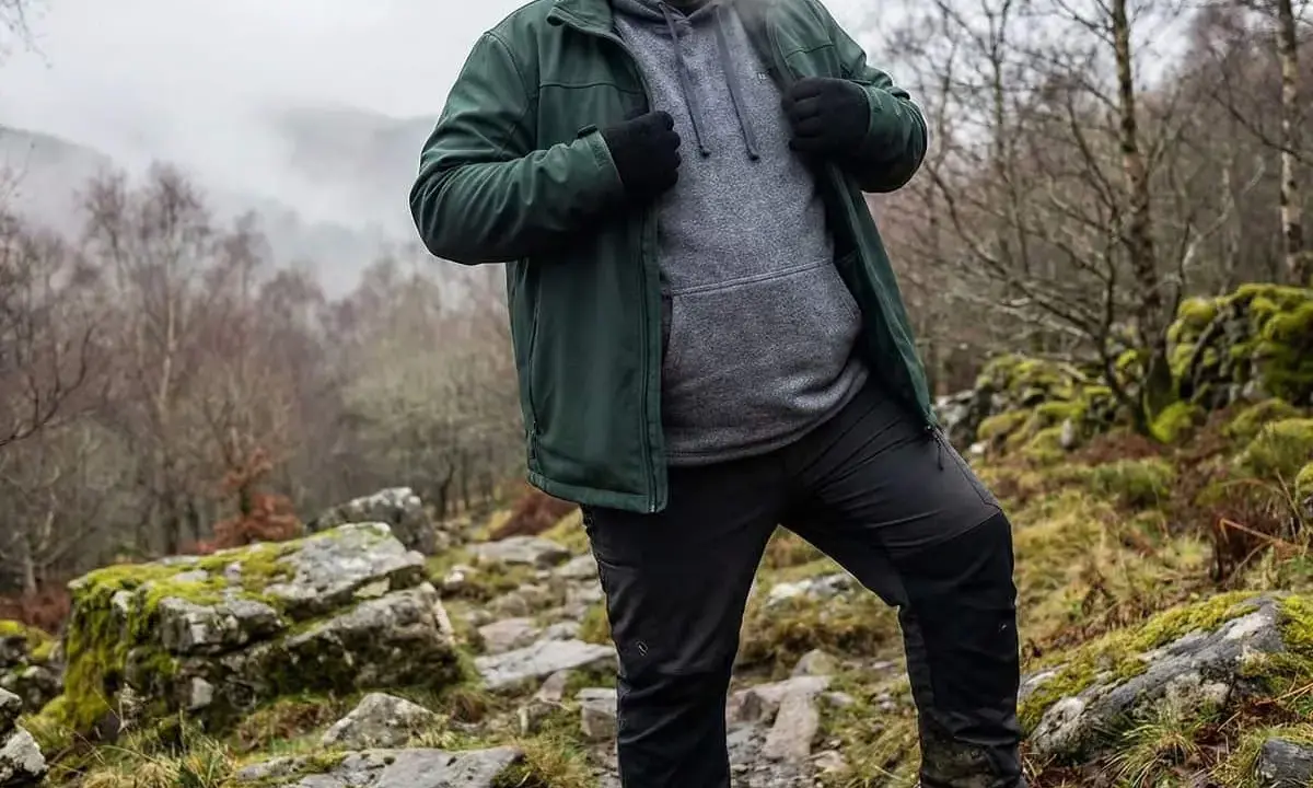 Mann in grüner Softshelljacke und grauer Kapuzenjacke wandert durch felsiges Gelände.