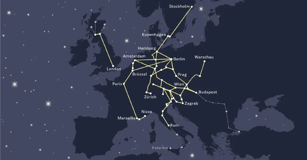 Karte zeigt Nachtzugverbindungen in Europa. Von Paris über Marseille und Nizza bis nach Rom und Palermo.