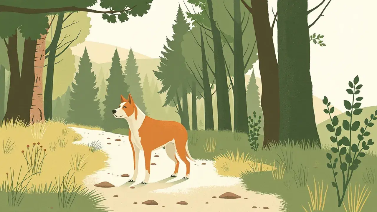 Ein Hund genießt das Wandern mit Hund im Wald. Der Weg führt durch grüne Bäume und sonnige Wiesen.