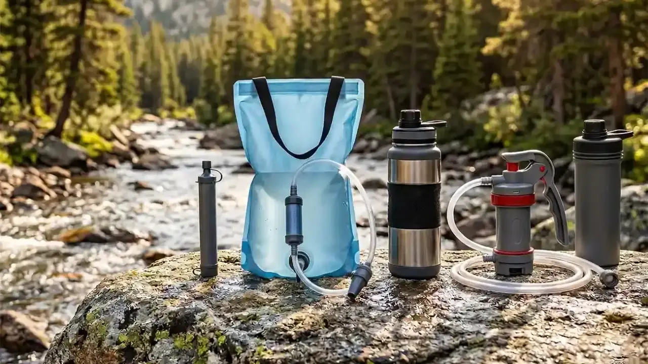 Outdoor-Ausrüstung für einen Wasserfilter-Test am Fluss: Filter, Beutel und Trinkflaschen auf einem Felsen.