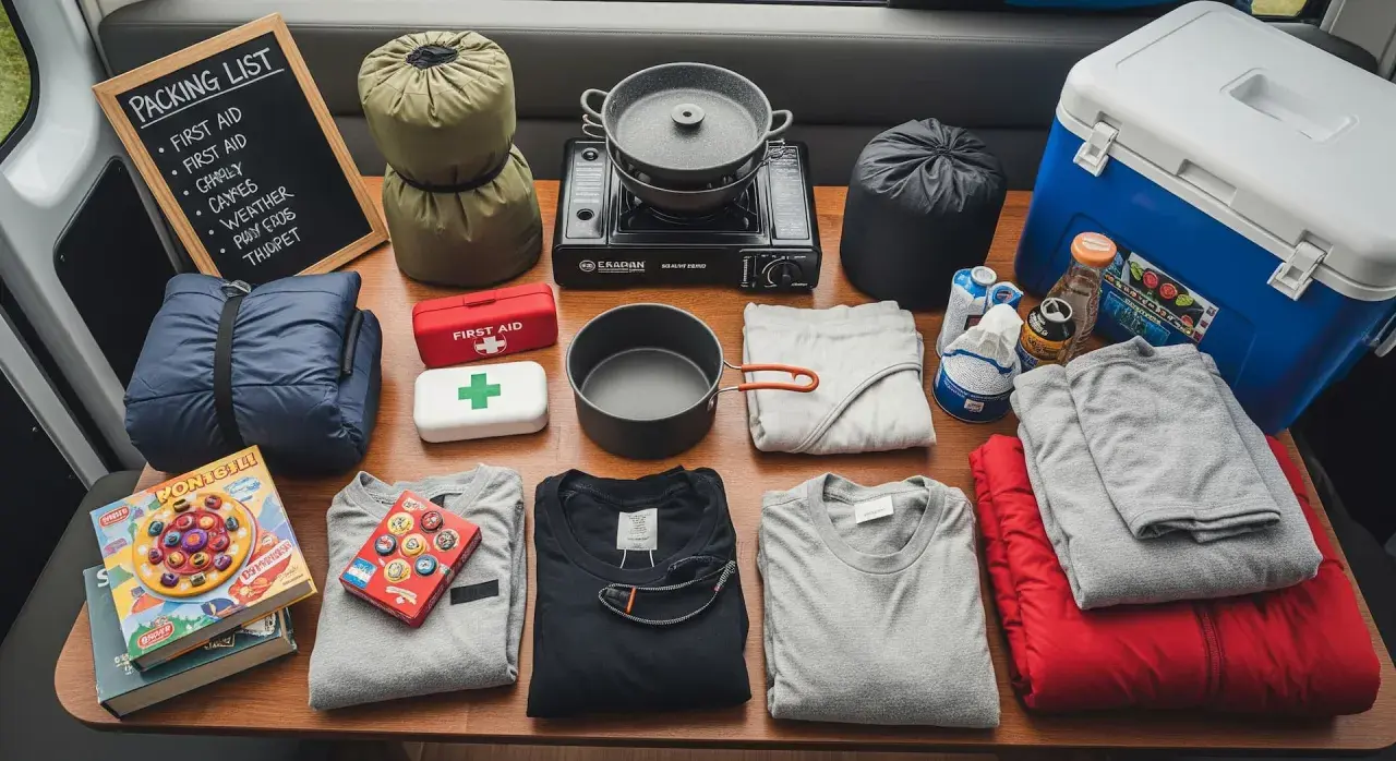 Packliste Zelten: Schlafsäcke, Kocher, Kühltruhe, Kleidung, Erste Hilfe und Spiele für ein Abenteuer.