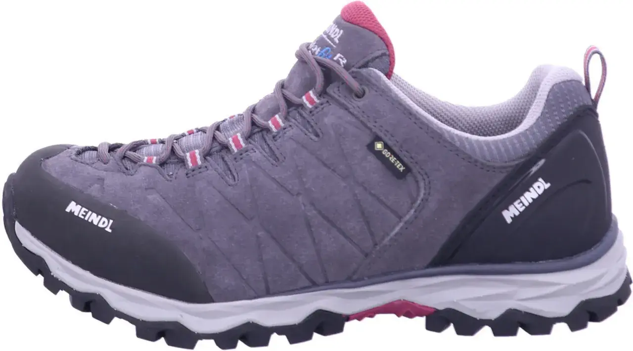 Grauer Meindl Mondello GTX Wanderschuh mit pinken Akzenten. Perfekt für den meindl mondello gtx test.