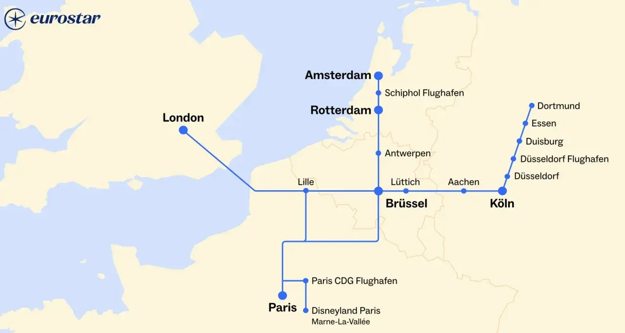 Eurostar-Streckenkarte: London, Paris, Brüssel, Amsterdam, Rotterdam und Ziele in Deutschland wie Köln, Düsseldorf und Dortmund.