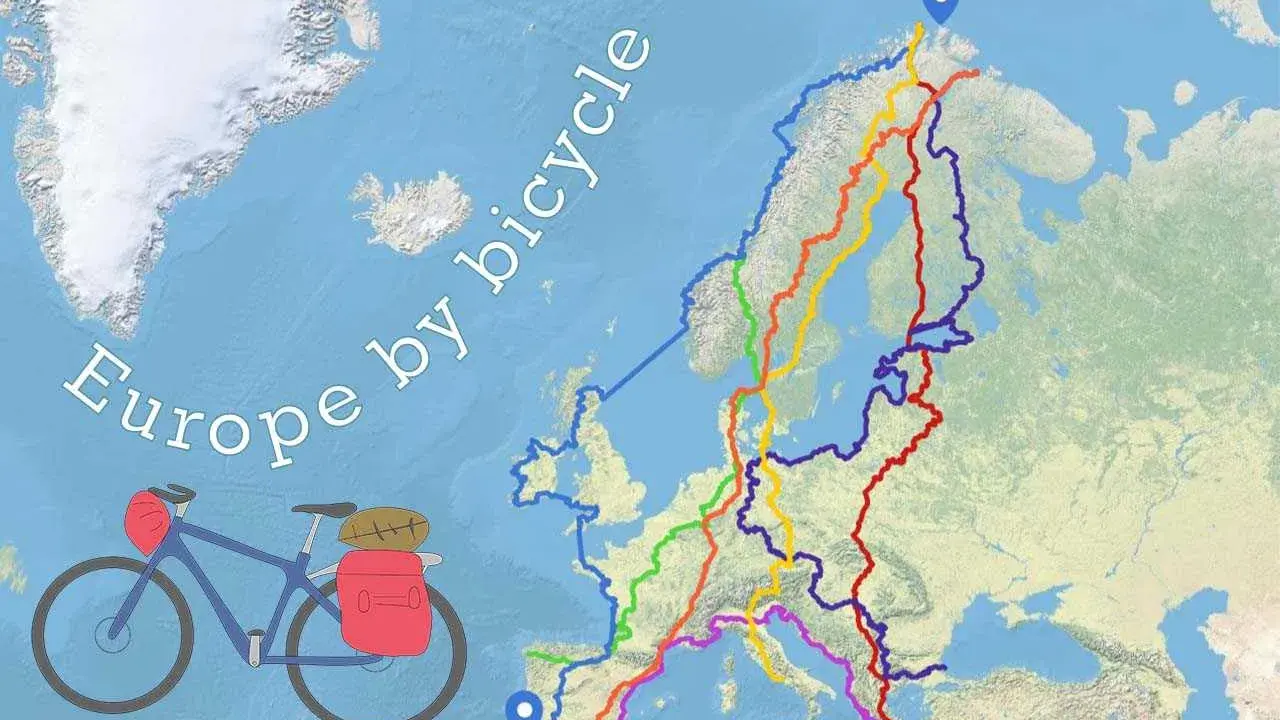 Fahrradtour durch Europa: Bunte Routen auf einer Karte zeigen die Vielfalt des Reisens per Rad.