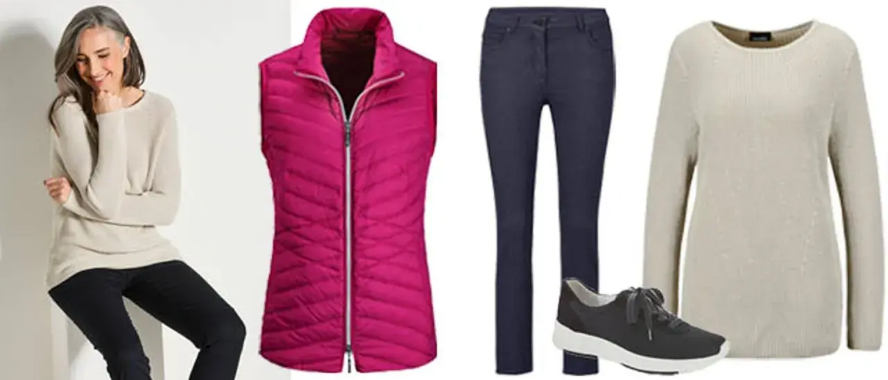 Outfit-Ideen für 12 Grad: Beiger Pullover, pinke Weste, dunkle Jeans und Sneaker. Perfekt für kühle Tage.