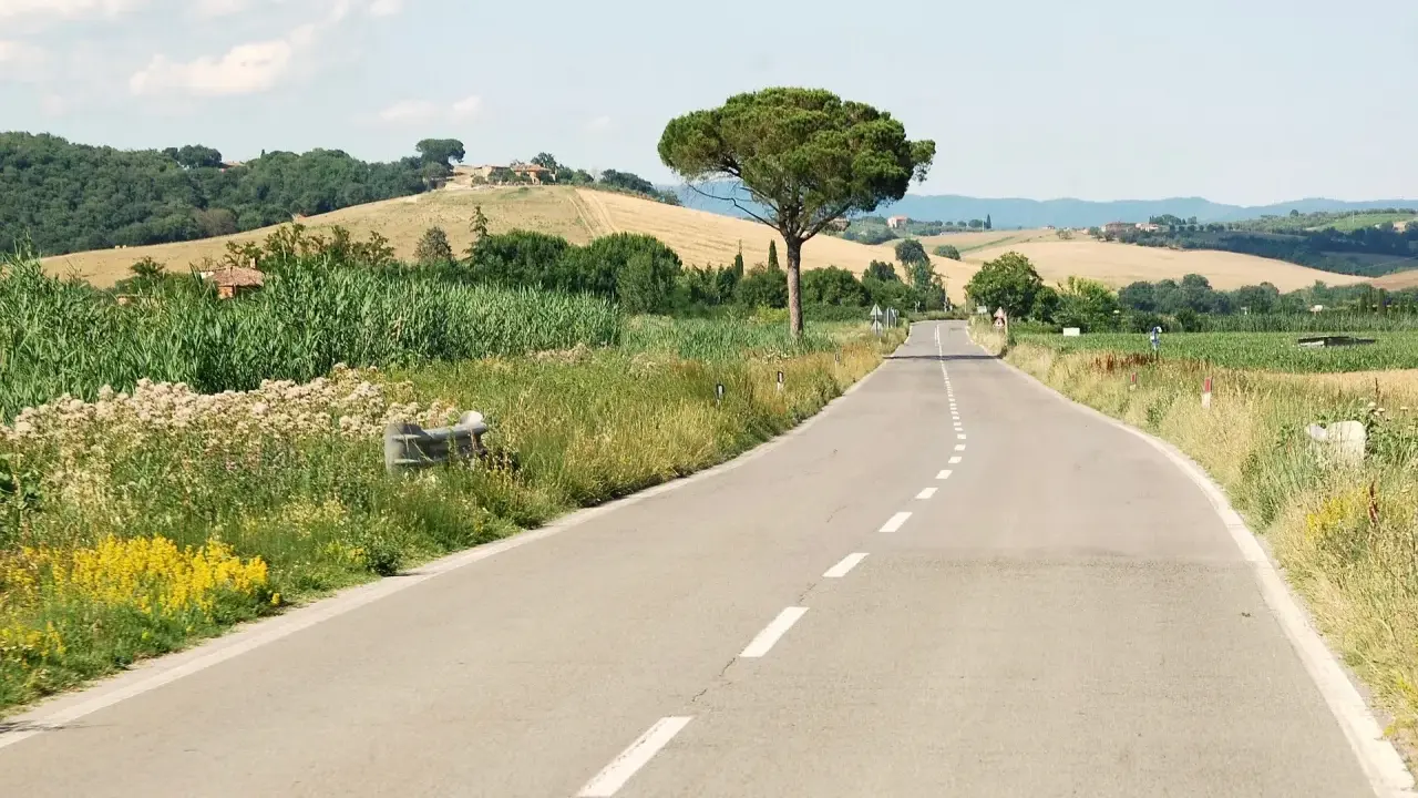 Eine Straße schlängelt sich durch die toskanische Landschaft. Perfekt, um die nächste **europa reise planen** und die Schönheit Italiens zu entdecken.