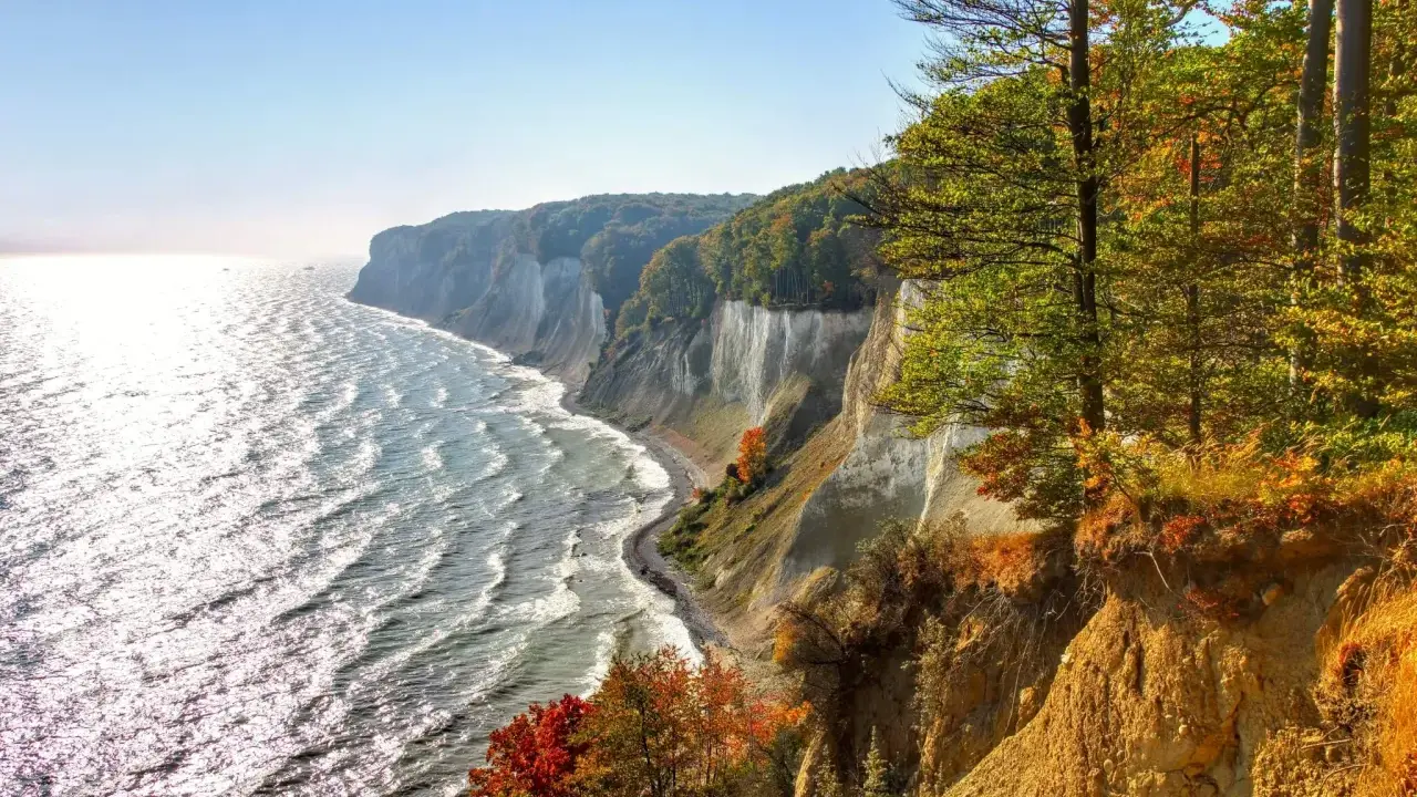 Weiße Kreidefelsen und bunte Herbstbäume säumen die Ostsee. Ein malerischer Ort an der Küste.