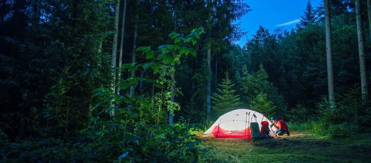 Ein beleuchtetes Zelt in einem dunklen Wald, ein Mann bereitet sich auf die Nacht vor. Perfekt für Trekking Camps Deutschland.