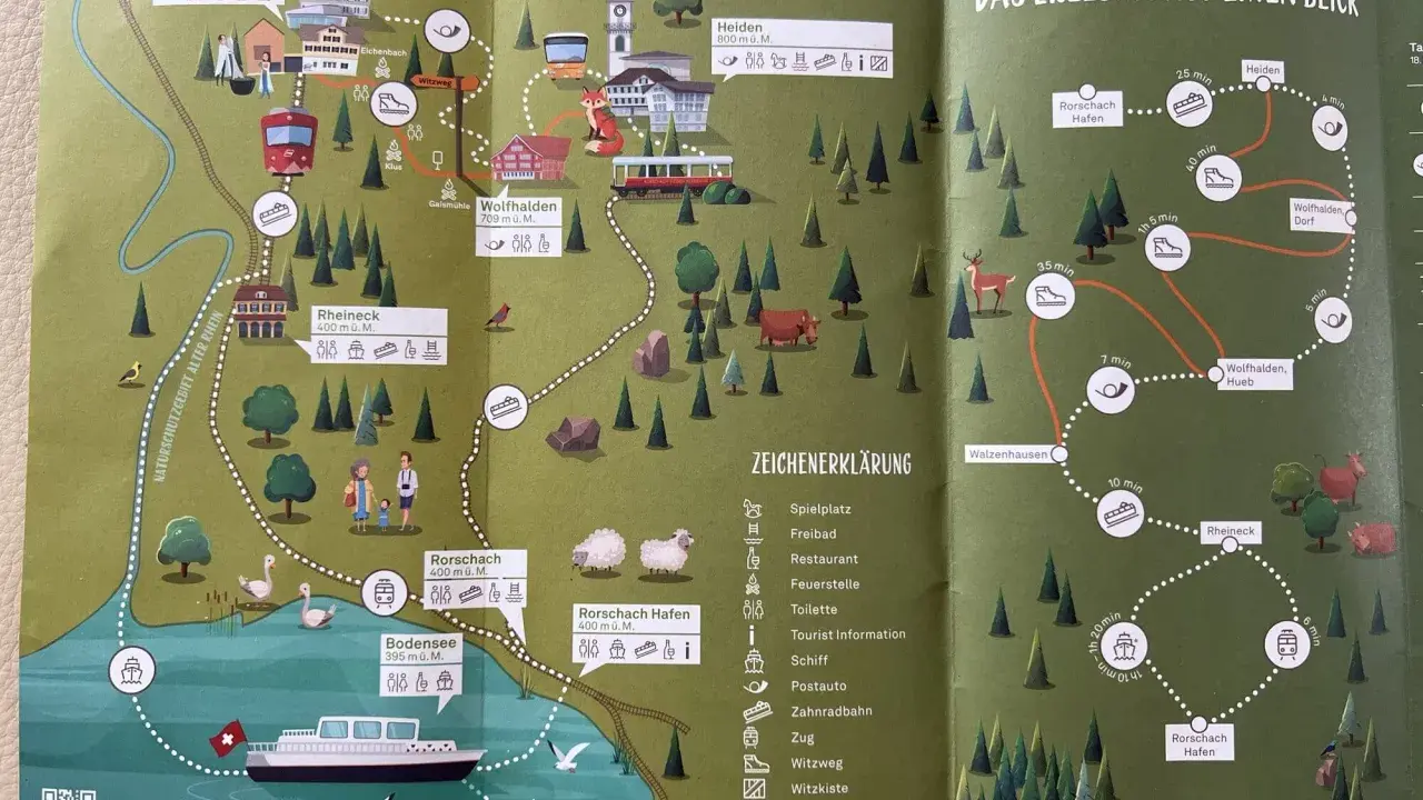 Entdecke, was man am Bodensee machen kann: eine Karte mit Routen, Zügen, Schiffen und Wanderwegen.