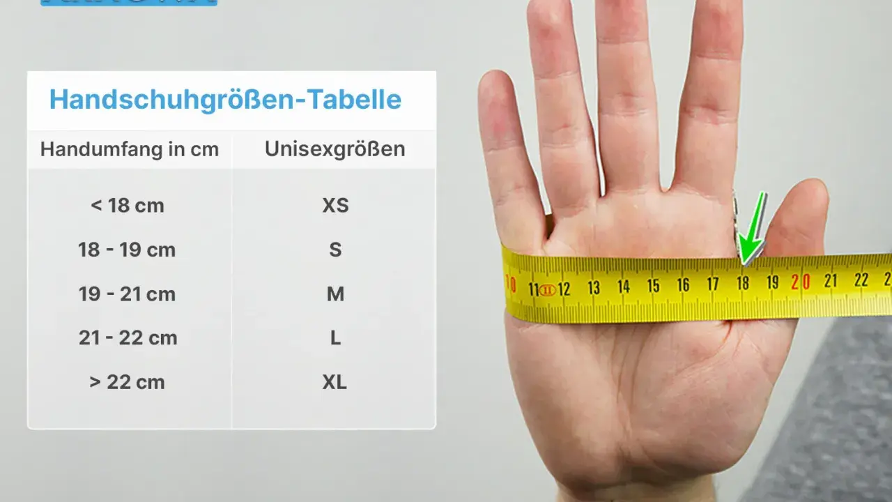 Handumfang messen für Handschuhe: Ein Maßband zeigt den Umfang einer Hand, daneben eine Tabelle mit Größen.