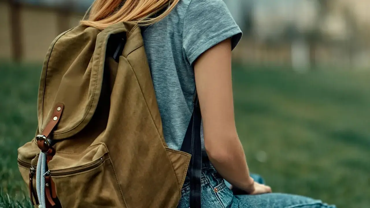 Mädchen mit braunem Rucksack sitzt im Gras. Der Rucksack ist bereit für das Waschen, um ihn wieder frisch zu machen.