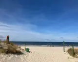 Ein sonniger Tag am Strand von Misdroy, Polen. Menschen spazieren am Meer entlang, während sich im Vordergrund Dünen und Strandgras erstrecken.