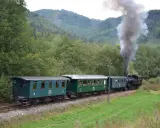 Dampflok der slowakischen Bahn fährt durch eine grüne Landschaft.
