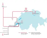 Karte zeigt TGV Verbindungen von Paris über Dijon, Genf und Lausanne nach Zürich und Basel. Eine weitere Linie führt von Paris nach Marseille.