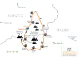 Karte der Spaghetti-Tour: Wanderroute um Zermatt, Matterhorn & Monte Rosa mit Hütten, Stauseen & italienischen Rifugios.