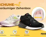Zwei Sneaker, ein lilafarbener und ein schwarzer, mit dem Slogan "Geräumiger Zehenbox". Ein Kreis zeigt eine Fußzehenansicht mit Pfeilen, die die breite Zehenbox hervorheben.