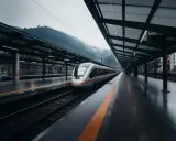 Schnellzug auf einer nassen Plattform, bereit für die Fahrt von **ave Madrid Barcelona**.