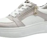 Modischer Sneaker in Weiß und Silber mit Leo-Akzenten. Die Schnürung und der Reißverschluss bieten Komfort. Was bedeutet wide fit bei schuhen? Dieser Schuh könnte eine gute Option sein.