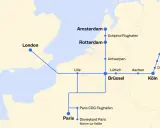 Eurostar-Streckenkarte: London, Paris, Brüssel, Amsterdam, Rotterdam und Ziele in Deutschland wie Köln, Düsseldorf und Dortmund.