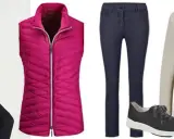 Outfit-Ideen für 12 Grad: Beiger Pullover, pinke Weste, dunkle Jeans und Sneaker. Perfekt für kühle Tage.