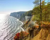 Weiße Kreidefelsen und bunte Herbstbäume säumen die Ostsee. Ein malerischer Ort an der Küste.
