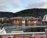 Bunte Holzhäuser am Kai von Bergen, mit einem bewaldeten Hügel im Hintergrund. Die bergen bahn ist hier nicht zu sehen, aber die Aussicht ist malerisch.