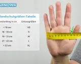 Handumfang messen für Handschuhe: Ein Maßband zeigt den Umfang einer Hand, daneben eine Tabelle mit Größen.