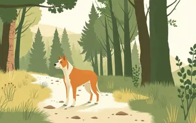 Ein Hund genießt das Wandern mit Hund im Wald. Der Weg führt durch grüne Bäume und sonnige Wiesen.