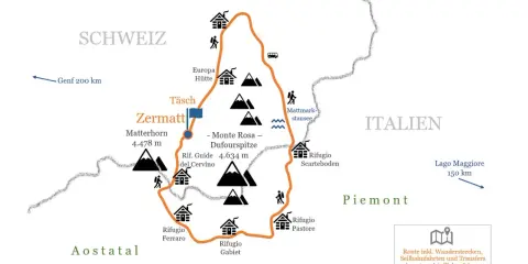 Karte der Spaghetti-Tour: Wanderroute um Zermatt, Matterhorn & Monte Rosa mit Hütten, Stauseen & italienischen Rifugios.