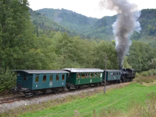 Dampflok der slowakischen Bahn fährt durch eine grüne Landschaft.