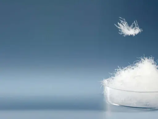 Ein Haufen weißer Daunen in einer Petrischale, eine einzelne Daune schwebt darüber. Sie fragen sich, was sind Daunen? Das sind sie!