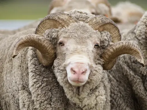 Ein Widder mit beeindruckenden Hörnern, dessen feine Wolle die Vorteile von Merinowolle zeigt: weich, warm und atmungsaktiv.