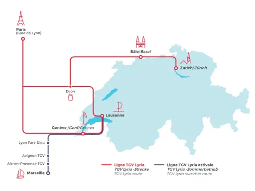 Karte zeigt TGV Verbindungen von Paris über Dijon, Genf und Lausanne nach Zürich und Basel. Eine weitere Linie führt von Paris nach Marseille.