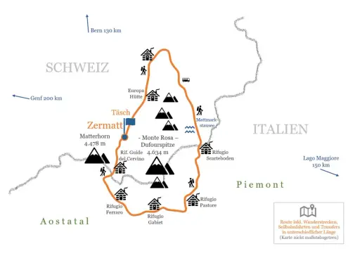 Karte der Spaghetti-Tour: Wanderroute um Zermatt, Matterhorn & Monte Rosa mit Hütten, Stauseen & italienischen Rifugios.
