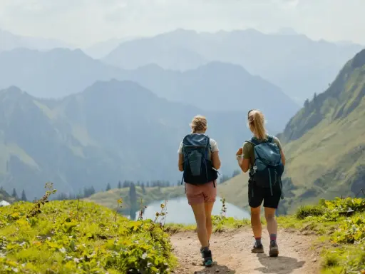 Zwei Wanderinnen genießen die Aussicht auf den **rundwanderwege Oberstdorf**. Ein Bergsee liegt im Tal, umgeben von sanften Hügeln und majestätischen Gipfeln.