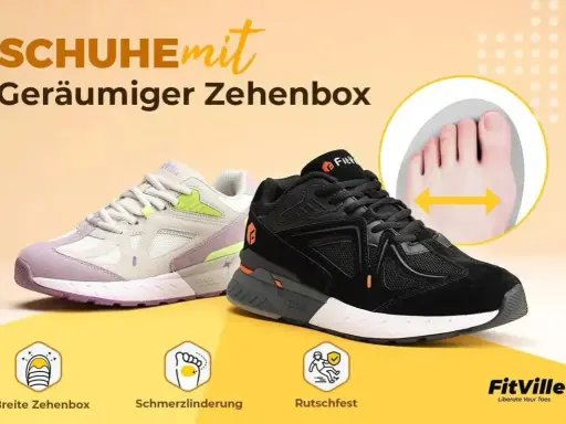 Zwei Sneaker, ein lilafarbener und ein schwarzer, mit dem Slogan "Geräumiger Zehenbox". Ein Kreis zeigt eine Fußzehenansicht mit Pfeilen, die die breite Zehenbox hervorheben.