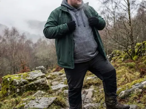 Mann in grüner Softshelljacke und grauer Kapuzenjacke wandert durch felsiges Gelände.