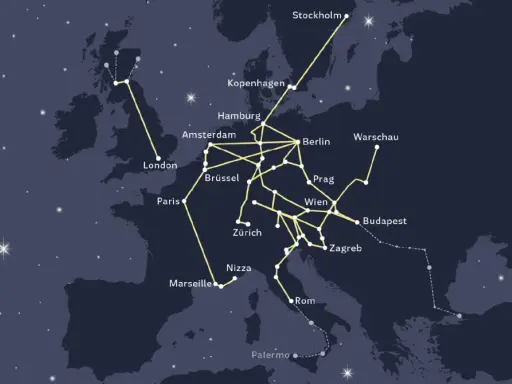 Karte zeigt Nachtzugverbindungen in Europa. Von Paris über Marseille und Nizza bis nach Rom und Palermo.