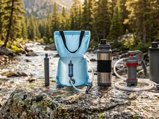 Outdoor-Ausrüstung für einen Wasserfilter-Test am Fluss: Filter, Beutel und Trinkflaschen auf einem Felsen.