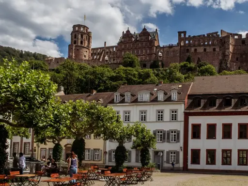 Heidelberg entdecken: Majestätisches Schloss thront über malerischen Häusern und grünen Bäumen. Ein idyllischer Platz lädt zum Verweilen ein.