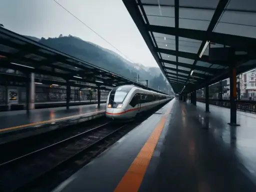 Schnellzug auf einer nassen Plattform, bereit für die Fahrt von **ave Madrid Barcelona**.