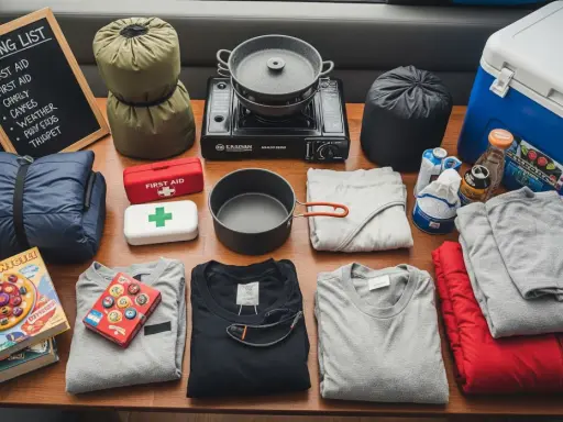 Packliste Zelten: Schlafsäcke, Kocher, Kühltruhe, Kleidung, Erste Hilfe und Spiele für ein Abenteuer.