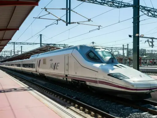 Moderner, weißer Renfe ave zug mit lila Akzenten steht auf Gleisen unter einem Bahnhofsdach.