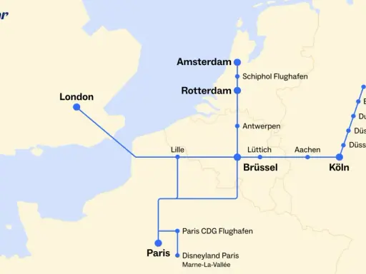 Eurostar-Streckenkarte: London, Paris, Brüssel, Amsterdam, Rotterdam und Ziele in Deutschland wie Köln, Düsseldorf und Dortmund.
